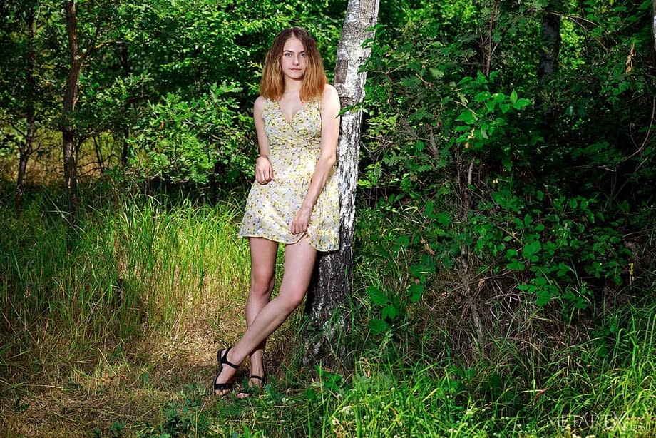 Young and busty redhead Dakota Pink showcases her bald twat in the woods