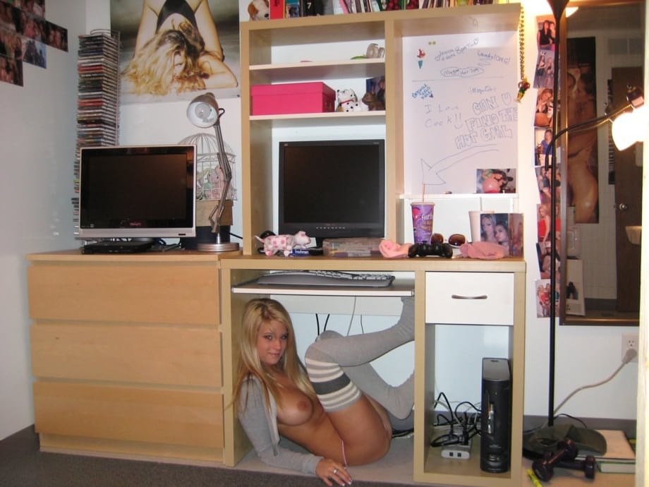 Blonde coed shows her big naturals while wearing thigh high socks