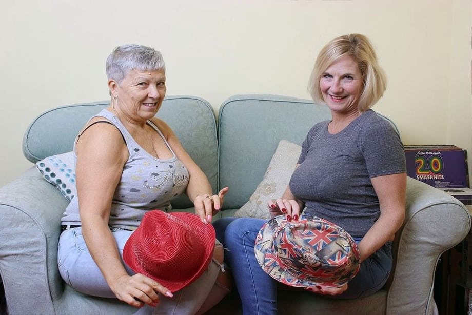 Two old lesbians exposes their big boobs and bare asses together