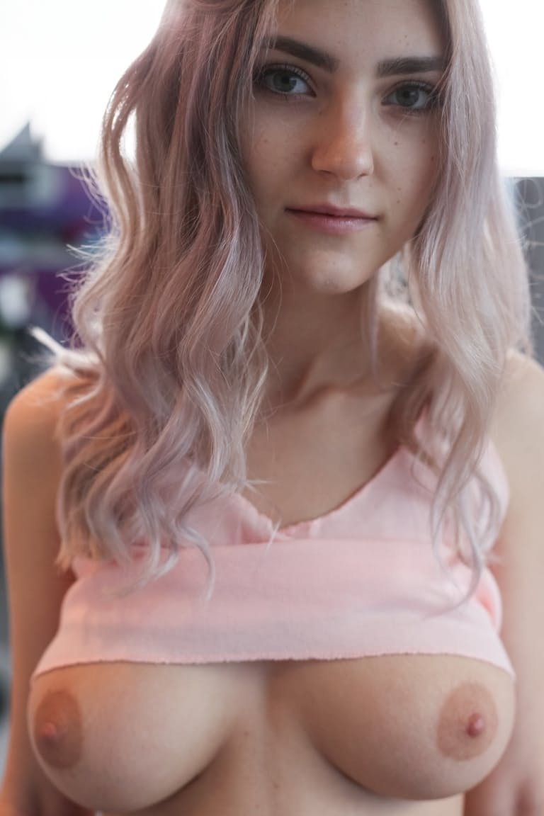 Teen first timer uncovers gig boobs as she strips to pink knee socks