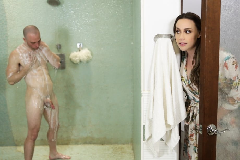 Chanel Preston seduces her stepson in lingerie as he gets out of the shower