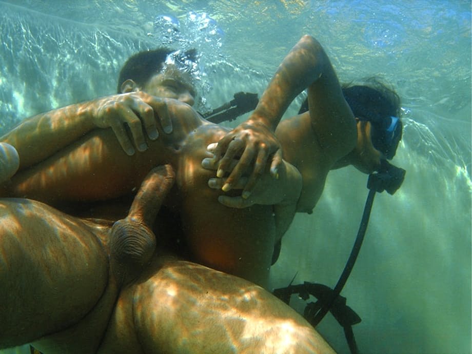 Asian scuba diver gives a BJ underwater before fucking beside pool