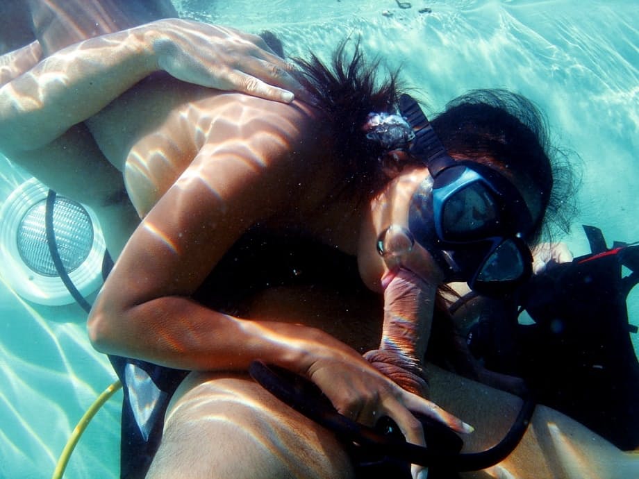 Asian scuba diver gives a BJ underwater before fucking beside pool