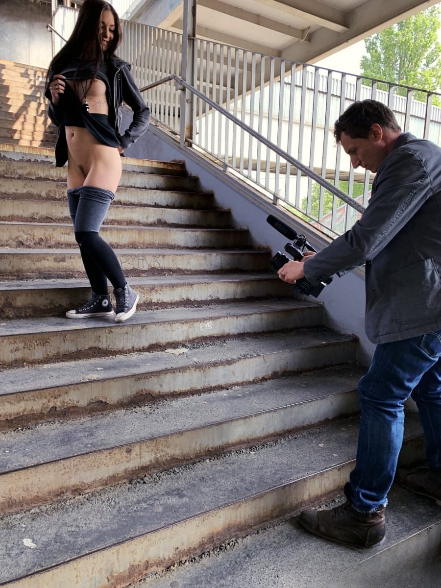 Brunette exhibitionist Lullu Gun exposes herself before having sex in public