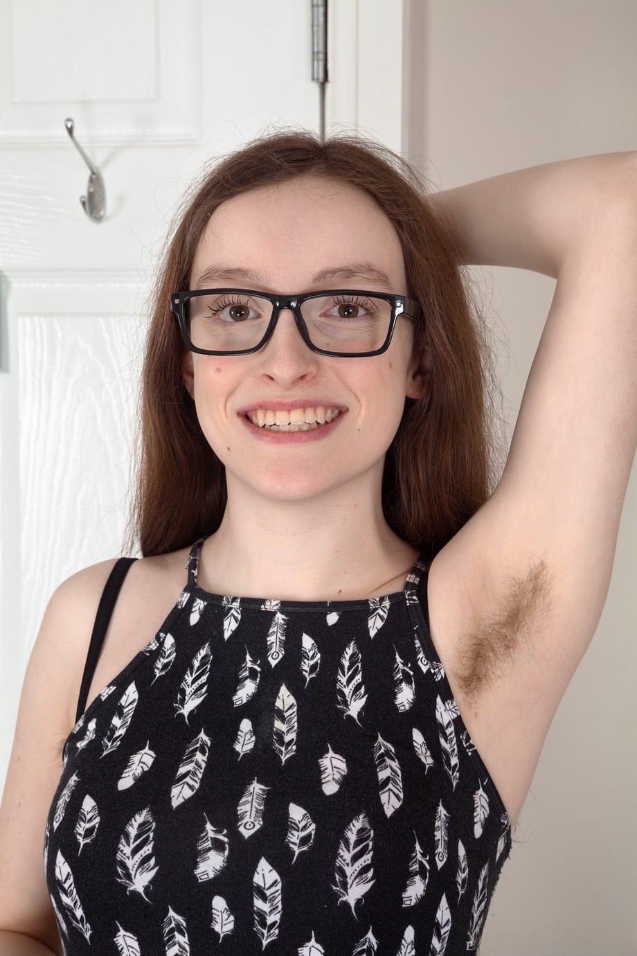 Nerdy girl Billie Rae shows her unshaven body in the nude with her glasses on