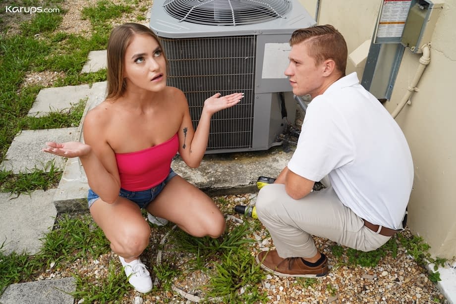 Horny girl Kenzie Madison seduces the repairman in denim booty shorts
