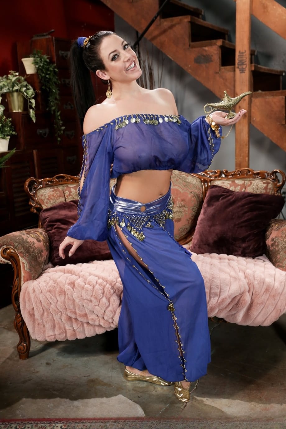 Sexy MILF releases her huge boobs and phat ass from a genie outfit