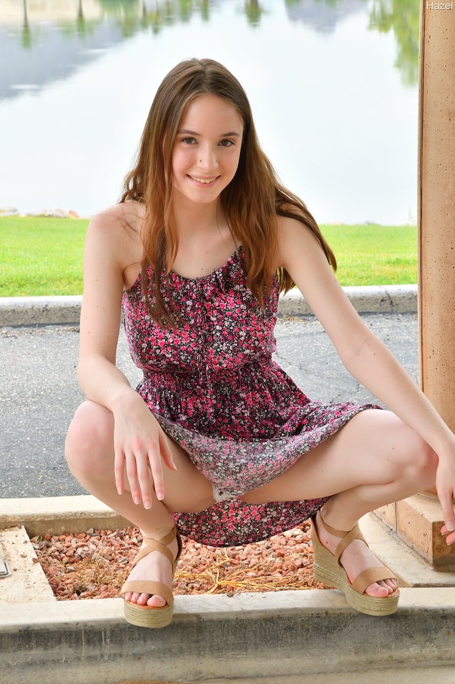 White first timer Hazel peels off cute panties to finish getting undressed