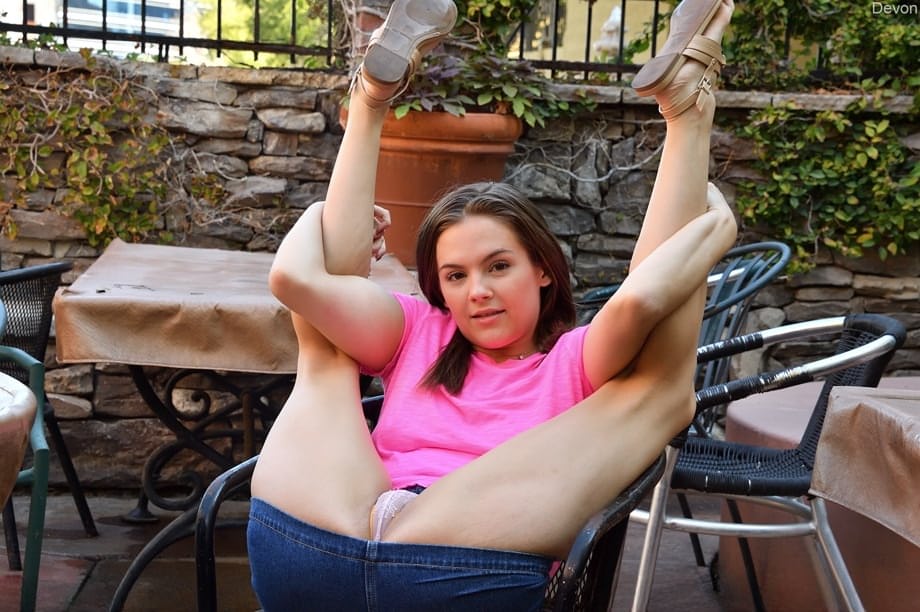 Flexy amateur Devon flashes a no panty upskirt outdoors before modeling naked