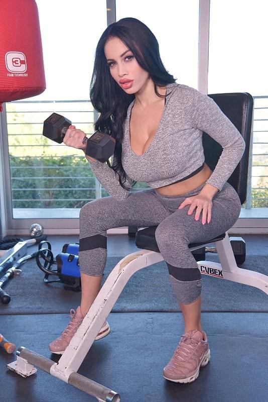 Hot brunette Victoria June changes into lingerie to fuck after a workout
