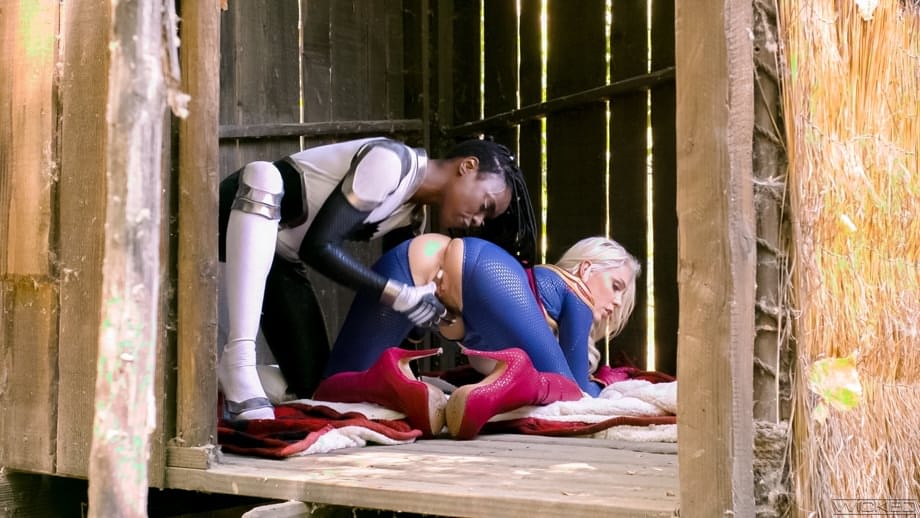 Hot blonde and a black chick eat ass during lesbian sex in cosplay attire