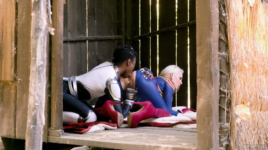 Hot blonde and a black chick eat ass during lesbian sex in cosplay attire
