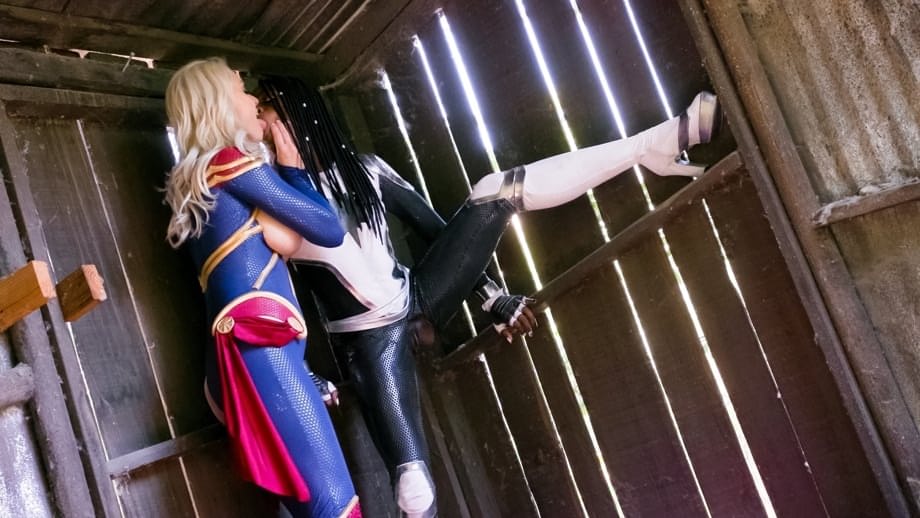 Hot blonde and a black chick eat ass during lesbian sex in cosplay attire