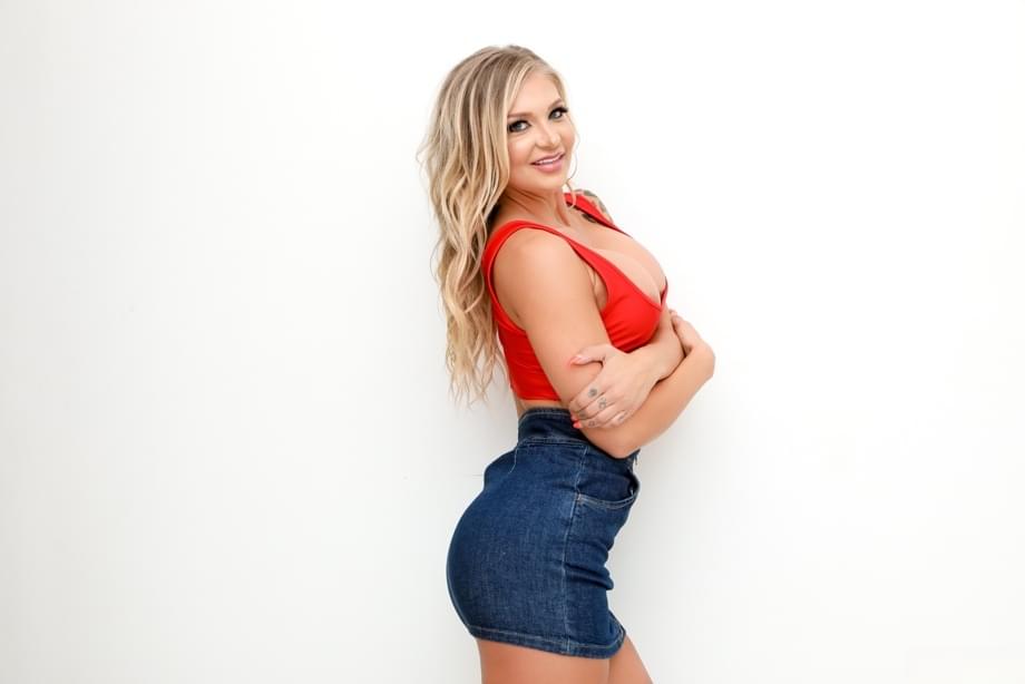 Hot blonde Alison Avery strikes great SFW poses in a denim miniskirt