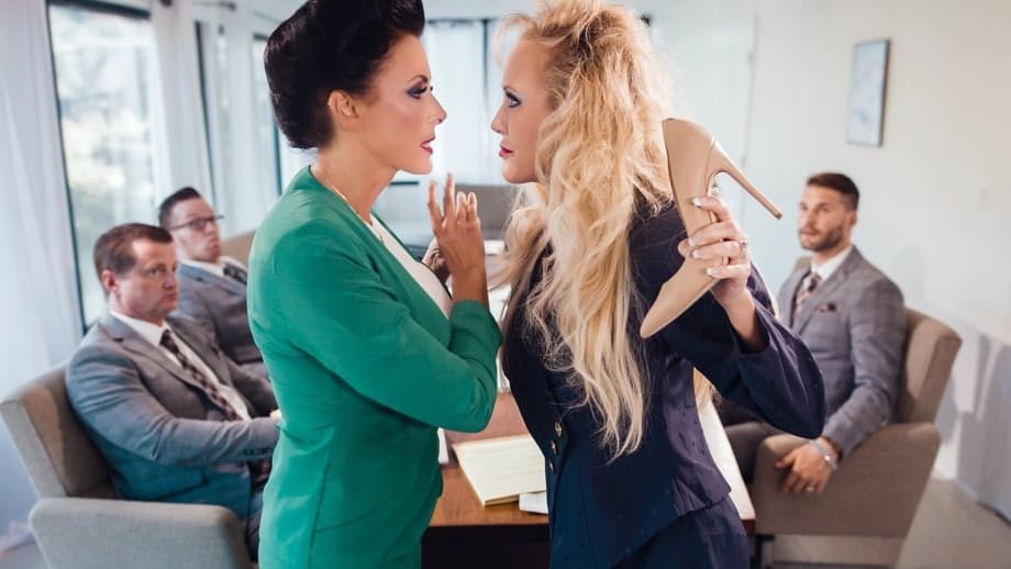 Office workers Reagan Foxx & Brandi Love disrobe for lesbian sex while at work
