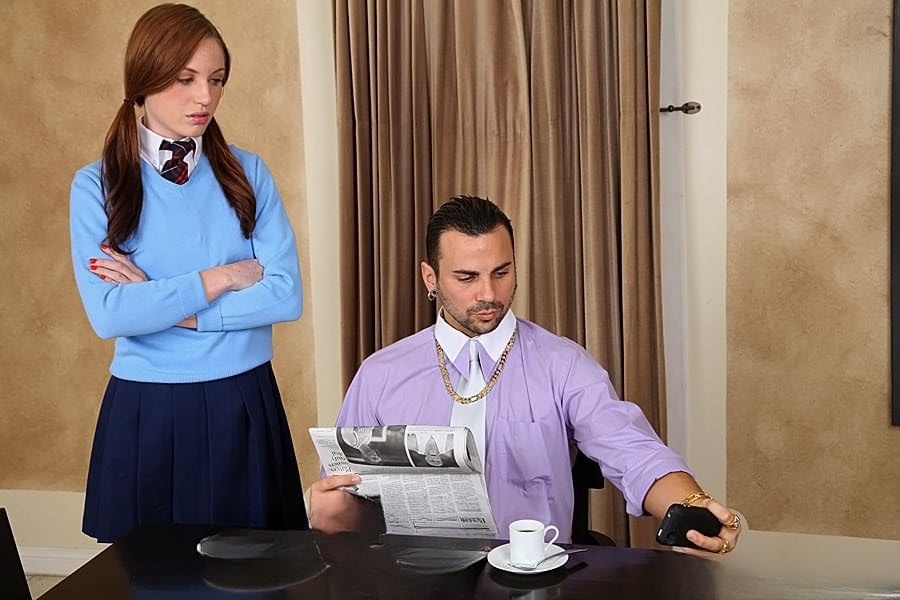 Teen girl in pigtails and knee socks seduces her stepfather at breakfast table