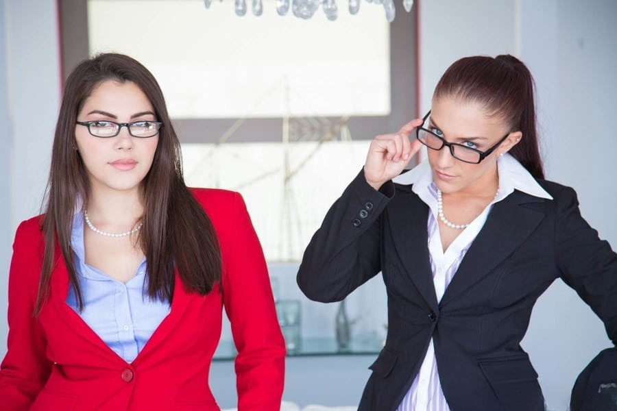 Two business women lose their starch to suck black cock in CFNM 4some