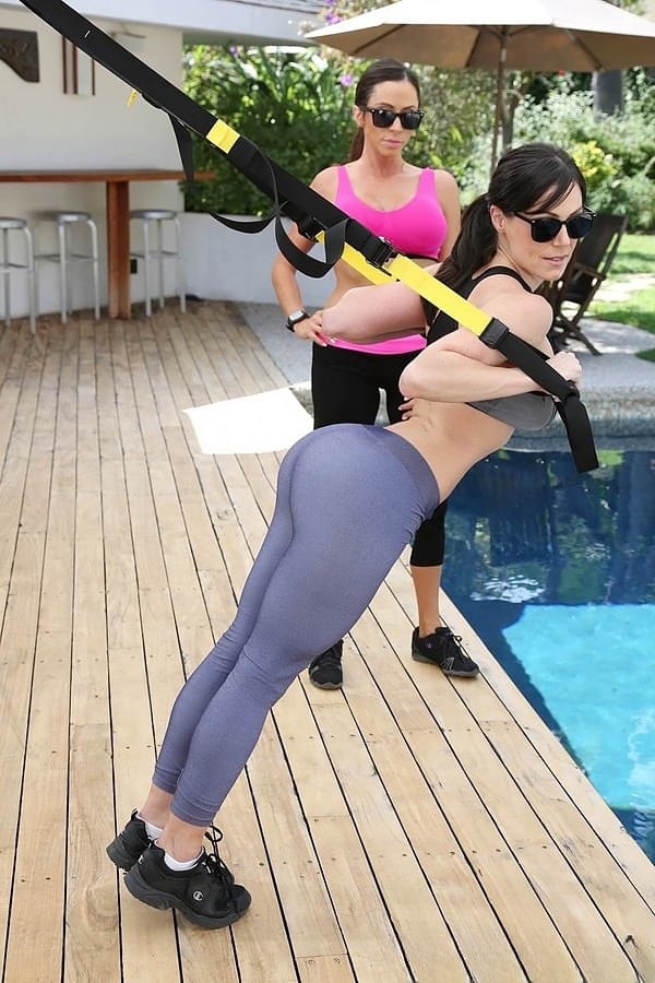Hot chicks in yoga pants and sport bras seduce force hidden voyeur into 3some