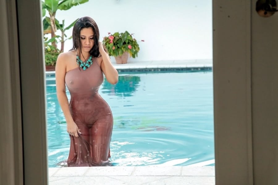 Clothed female exposing massive knockers from see thru dress before sex