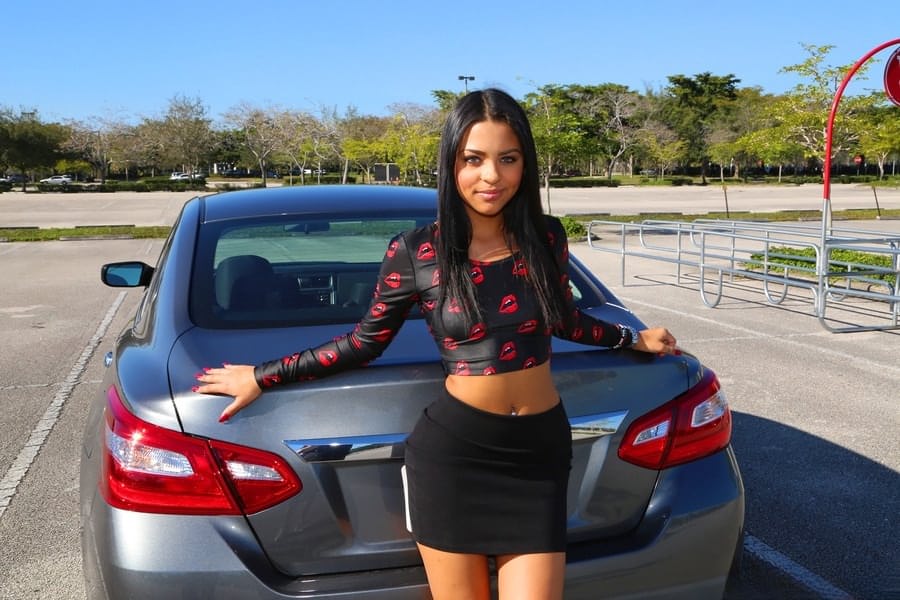 Hot Latina flashes sexy upskirt before riding cock & eating cum outdoors