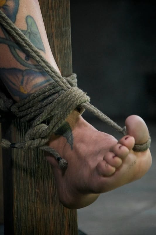 Bound slave Rain DeGrey endures rope torture & brutal BDSM strapon fucking