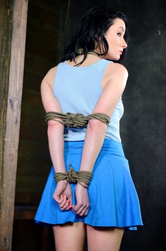 Dark haired girl with firm tits Veruca James gets face fucked while in bondage