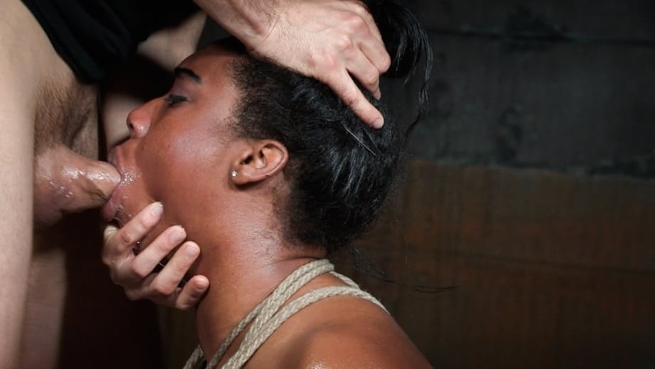 Sexy ebony slave with big tits bound force fed cock deepthroat and cumshot