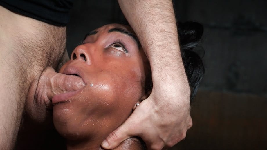Sexy ebony slave with big tits bound force fed cock deepthroat and cumshot