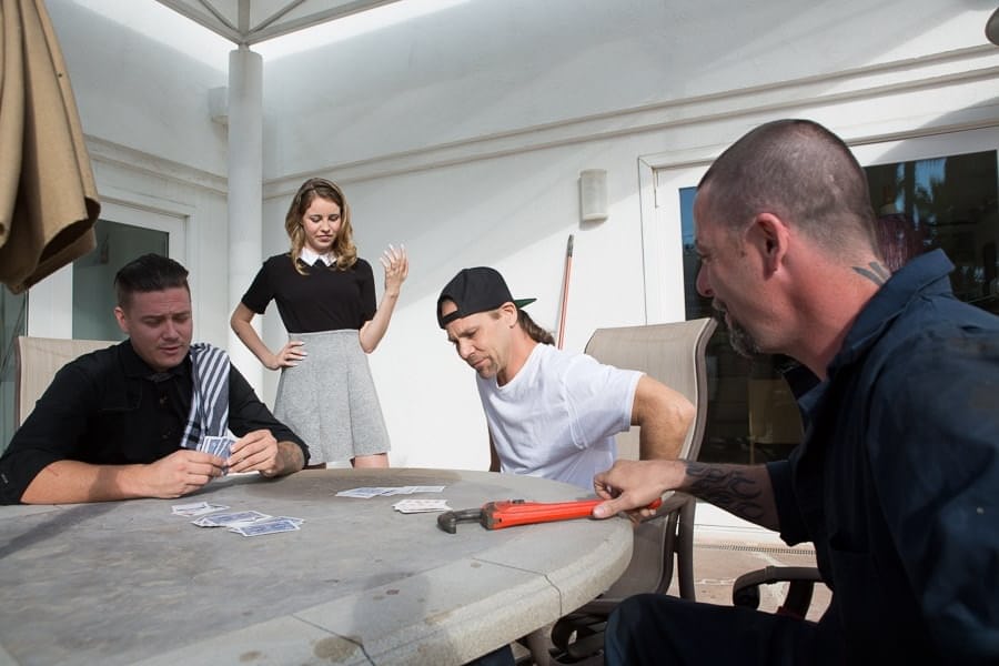 Rude teen Kinsley Eden gets punished by the hired help in group fuck lesson