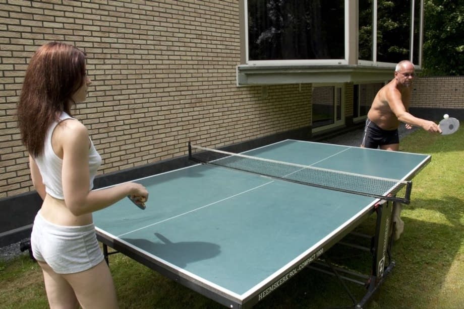 Teen girl has sex with an old guy after losing a game of ping pong outdoors