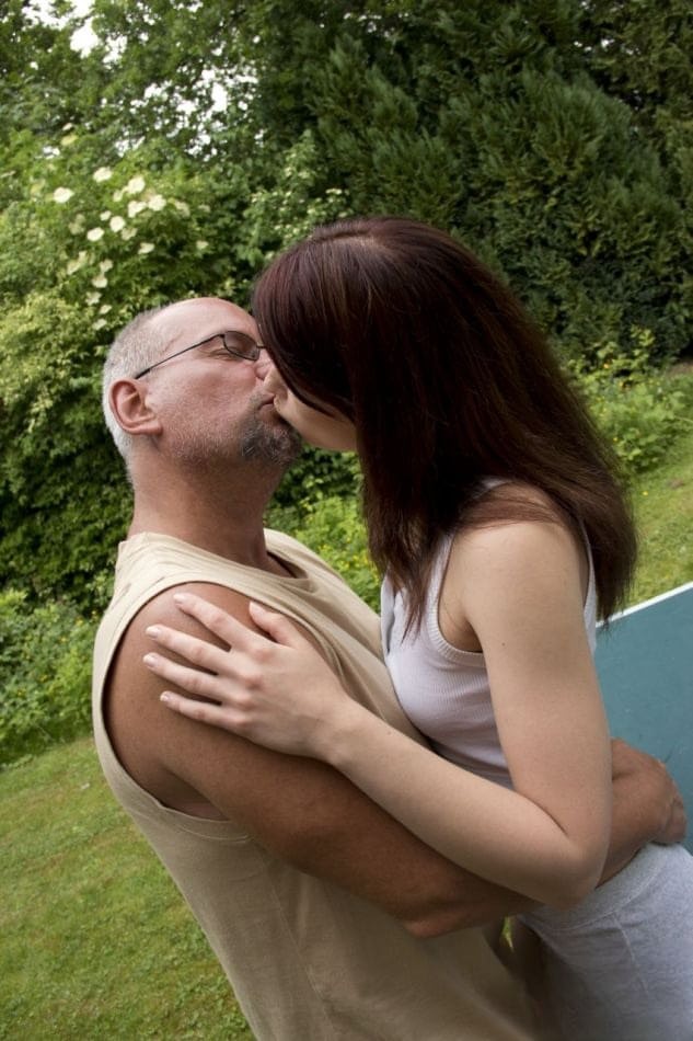 Teen girl has sex with an old guy after losing a game of ping pong outdoors