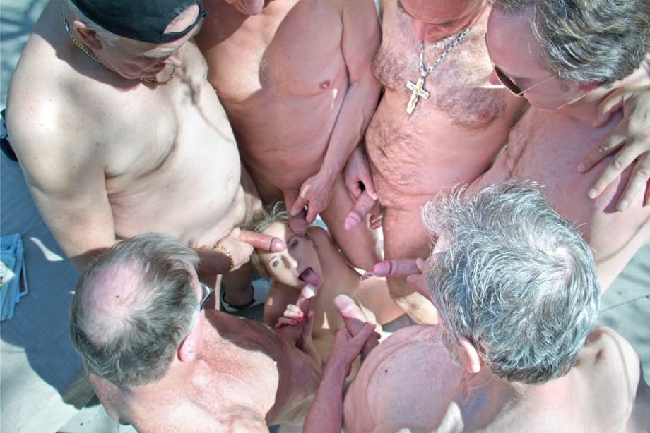 Sexy ten girl volunteers for a gangbang and blowbang with old men