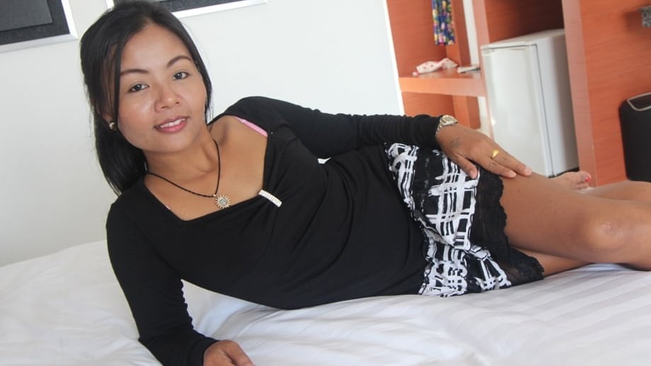 Horny Asian woman removes lace panties to fuck and show hairy pussy creampie
