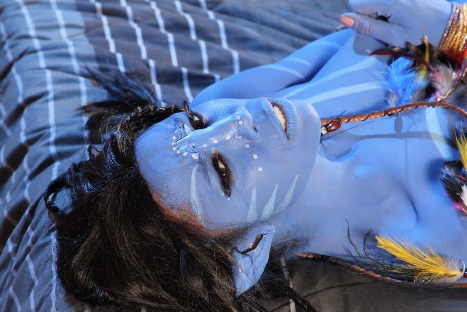Cosplay beauty Misty Stone takes cock in nothing but blue body paint
