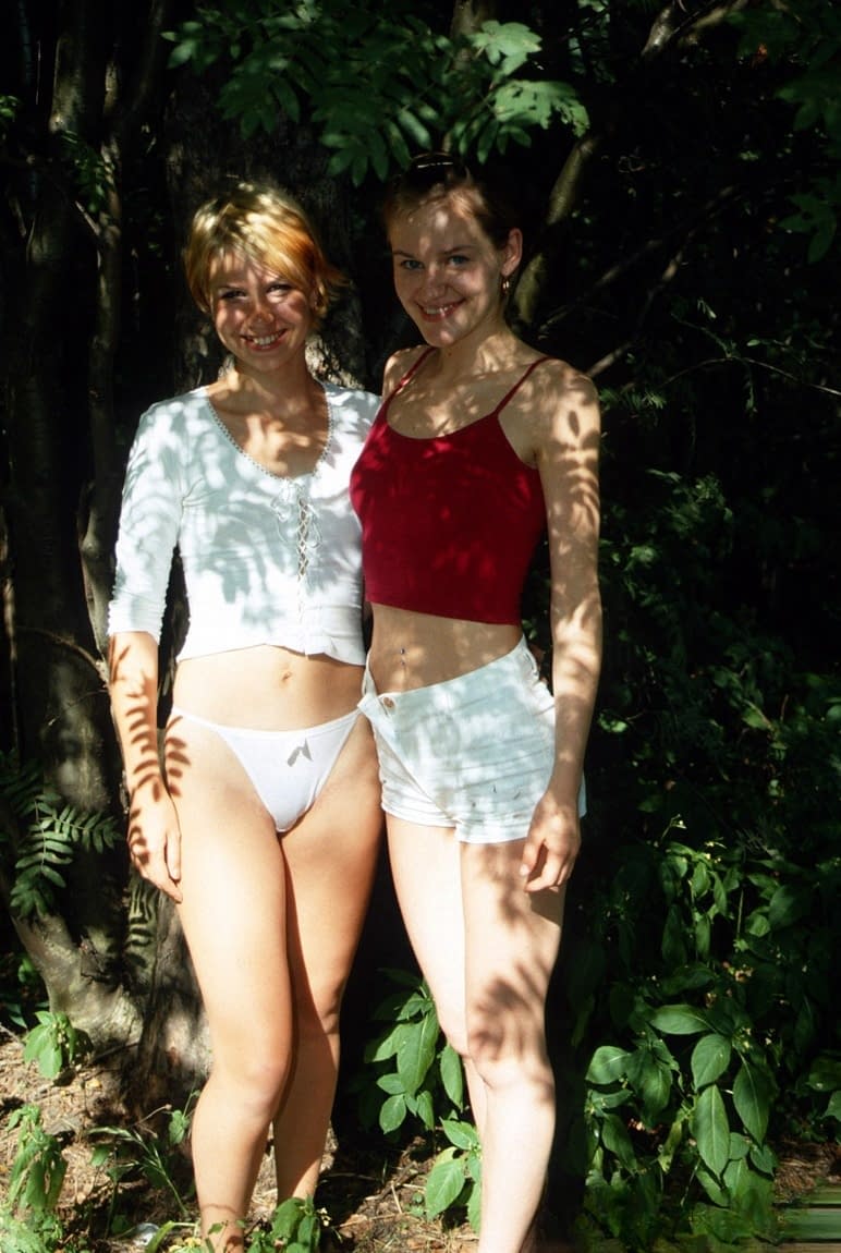 Smiles besties flash hot ass outdoors and play naked in the shower together