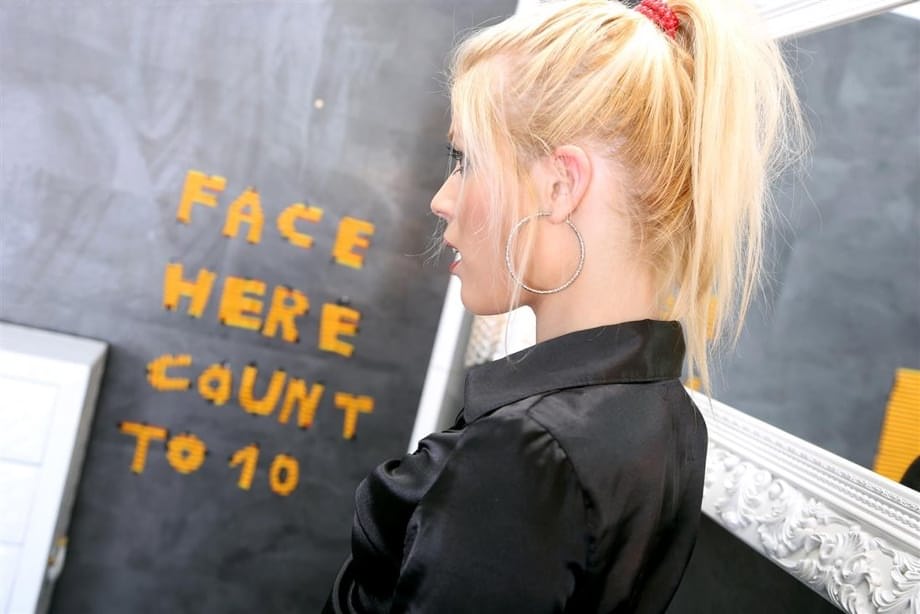 Fully clothed blonde tales off skin tight pants while getting jizz blasted