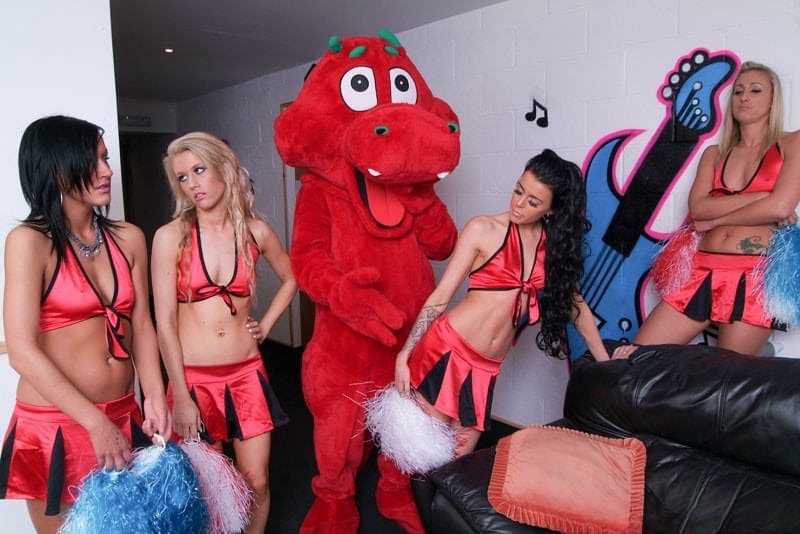 Cheerleaders strip the team's mascot naked before jerking on his cock