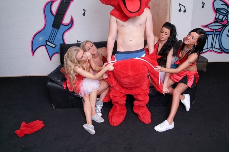 Cheerleaders strip the team's mascot naked before jerking on his cock