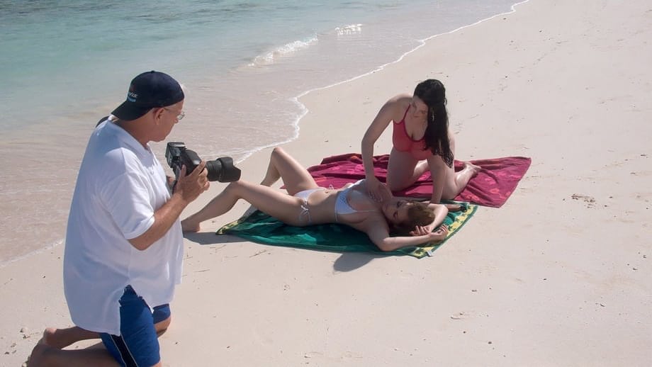 Hot MILF women stripping bikinis to bare big tits on the beach