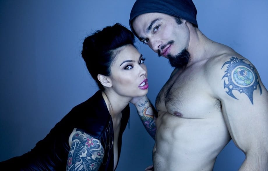 Tattooed sexy pornstar Asian showing big tits in sheer lingerie
