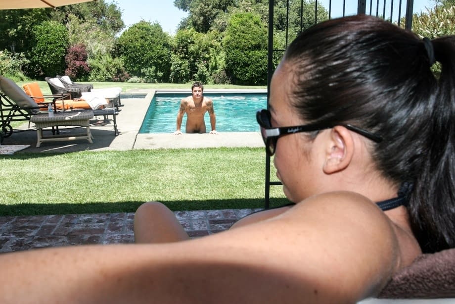 Teen Asian Mia Lelani in glasses fucking doggystye for cum on ass by pool