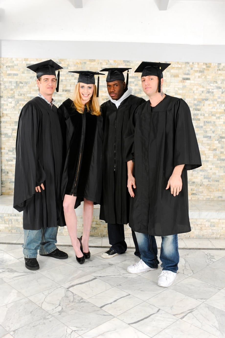 Blonde grad in heels spreads to flash nude upskirt in interracial group grope