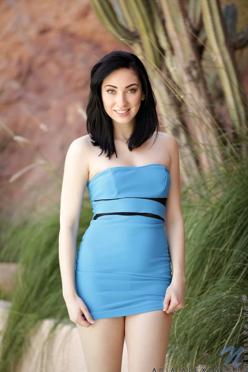 Sexy Aria Alexander shows her small tits as she strips naked outdoors