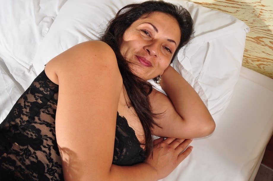 Horny older woman in lace lingerie reveals her big nipples & hairy beaver