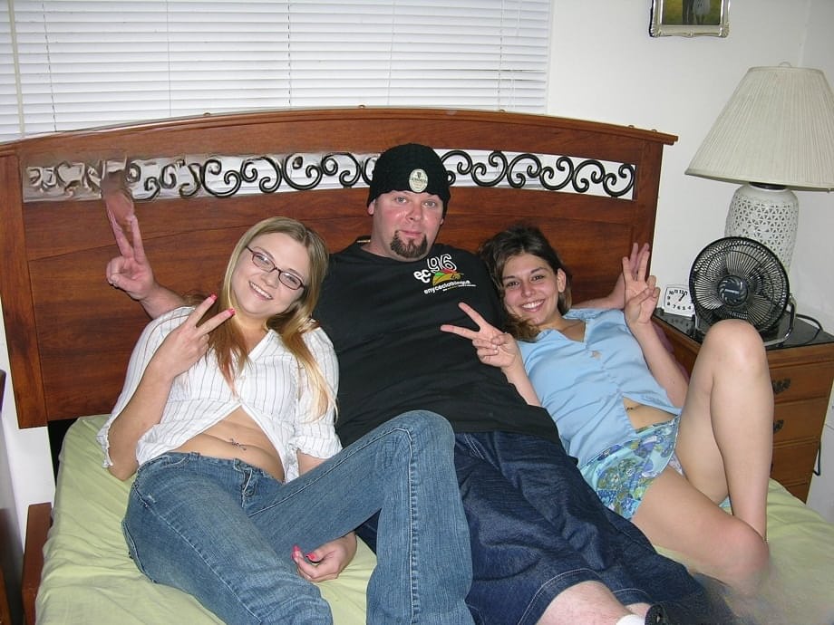 Two teen girls fuck an older fat guy on a dare instead of going to school