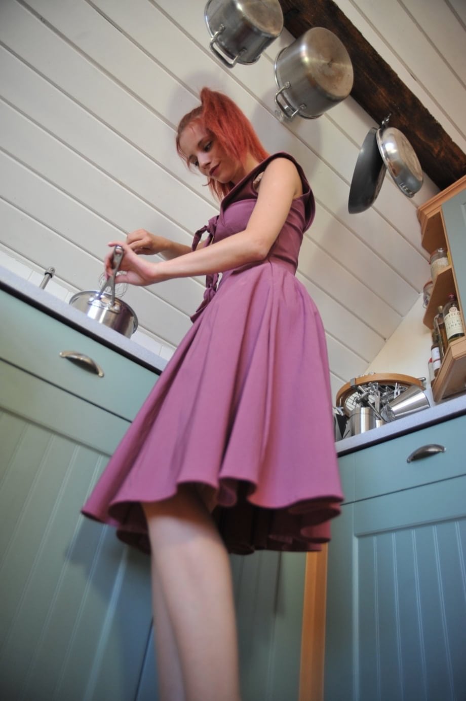 Beautiful redhead Ariel flashes panty upskirt at the sink & soaps her hot ass