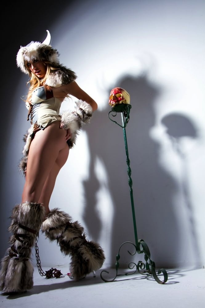 Solo model Brett Rossi shows off her girl parts attired in a viking outfit
