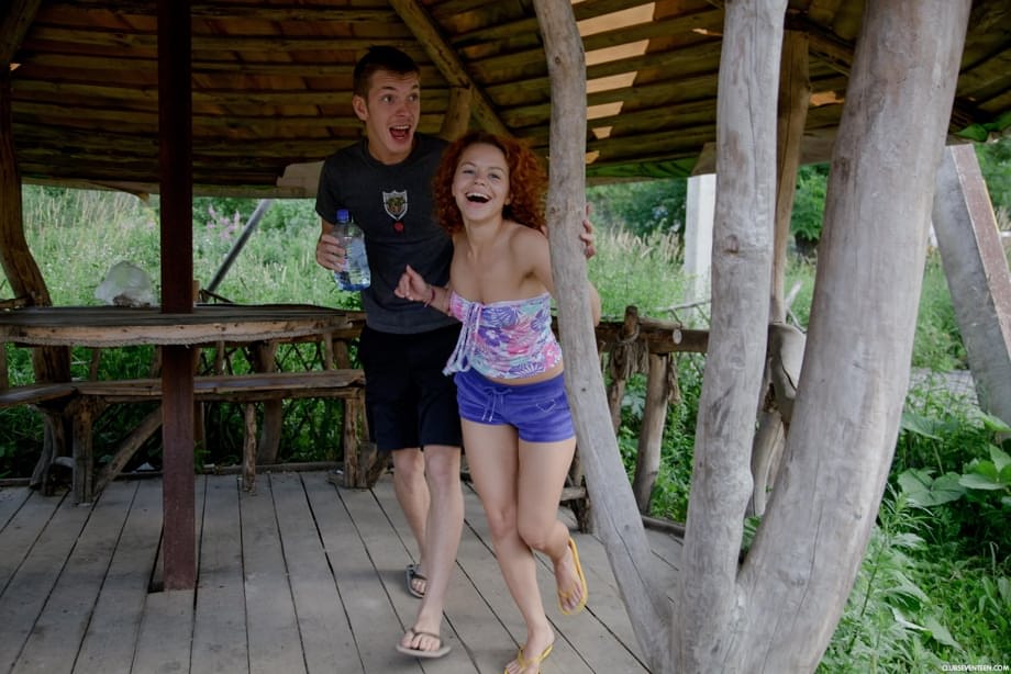 Adorable natural redhead sneaks into the woods to get a mouthful of BF's cum