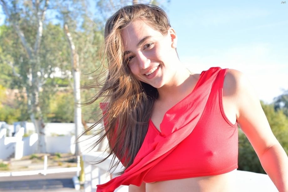 Wild teen flashing public upskirt & stretching pussy wide for fisting & toying