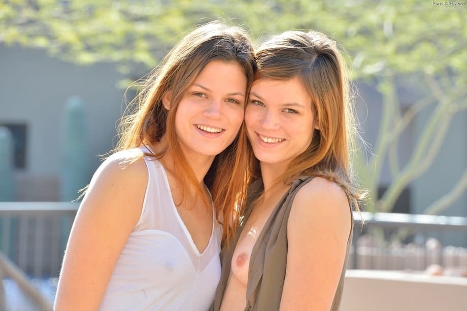 Teen girls in jeans strip naked on the street to show tiny tits & spread ass